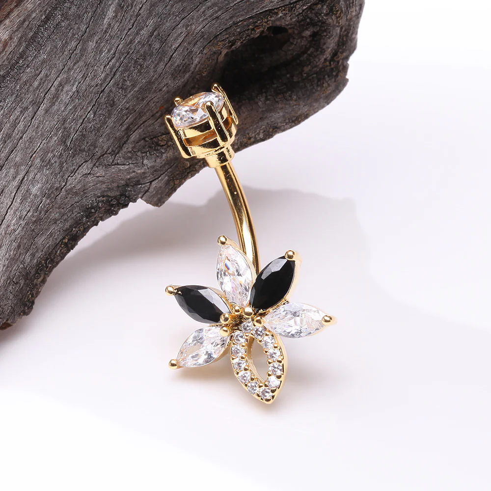 Golden Marquise Brilliance Leaflet Flower Sparkle Belly Button Ring - Image 3