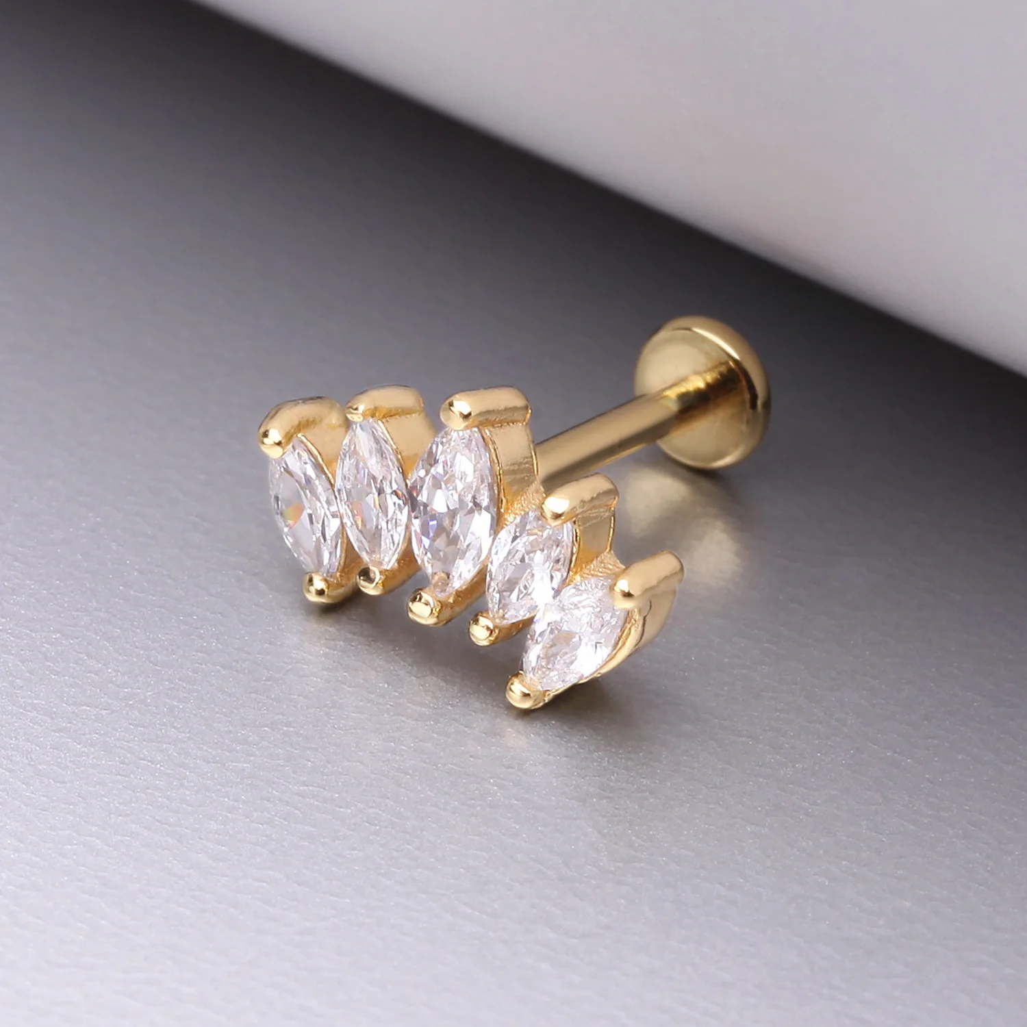 Golden Marquise Sparkle Curve Top Internally Threaded Steel Flat Back Stud Labret - Image 2