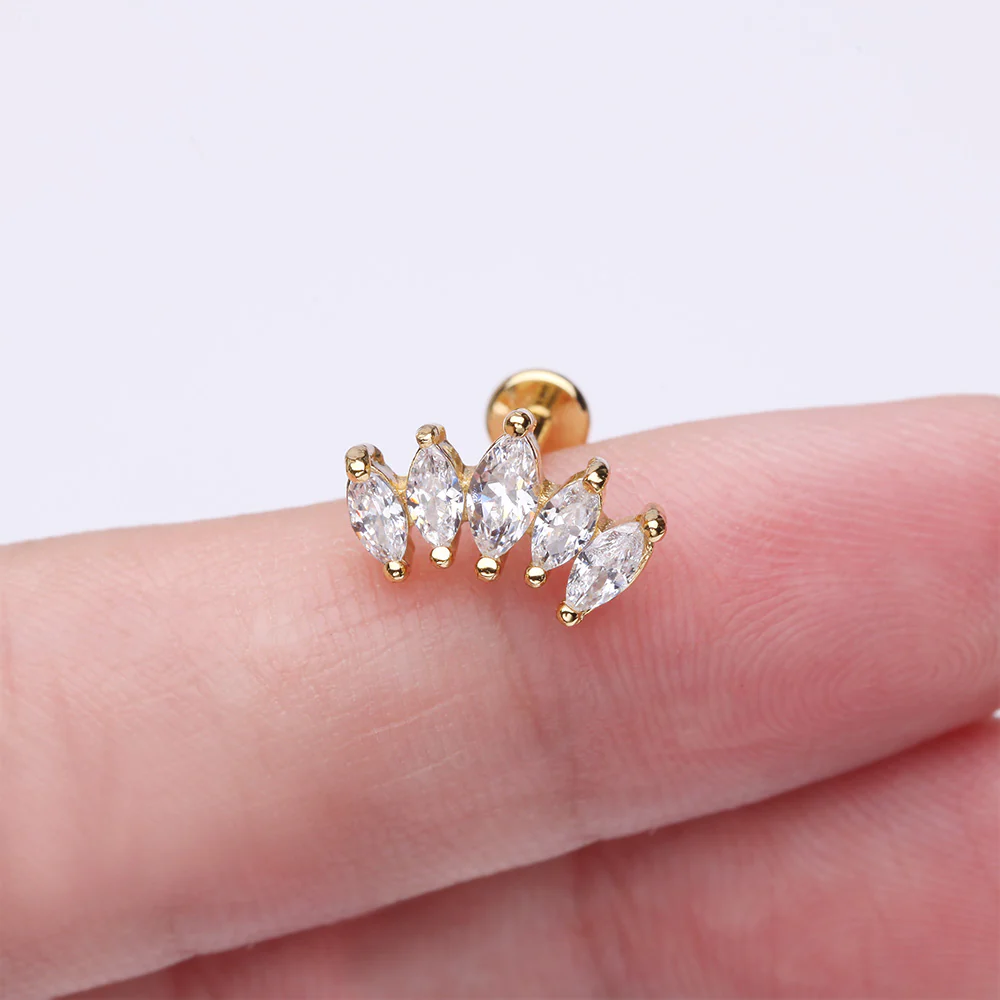 Golden Marquise Sparkle Curve Top Internally Threaded Steel Flat Back Stud Labret - Image 3