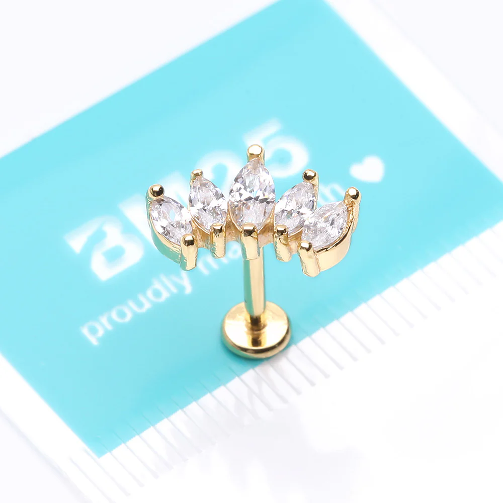 Golden Marquise Sparkle Curve Top Internally Threaded Steel Flat Back Stud Labret - Image 4