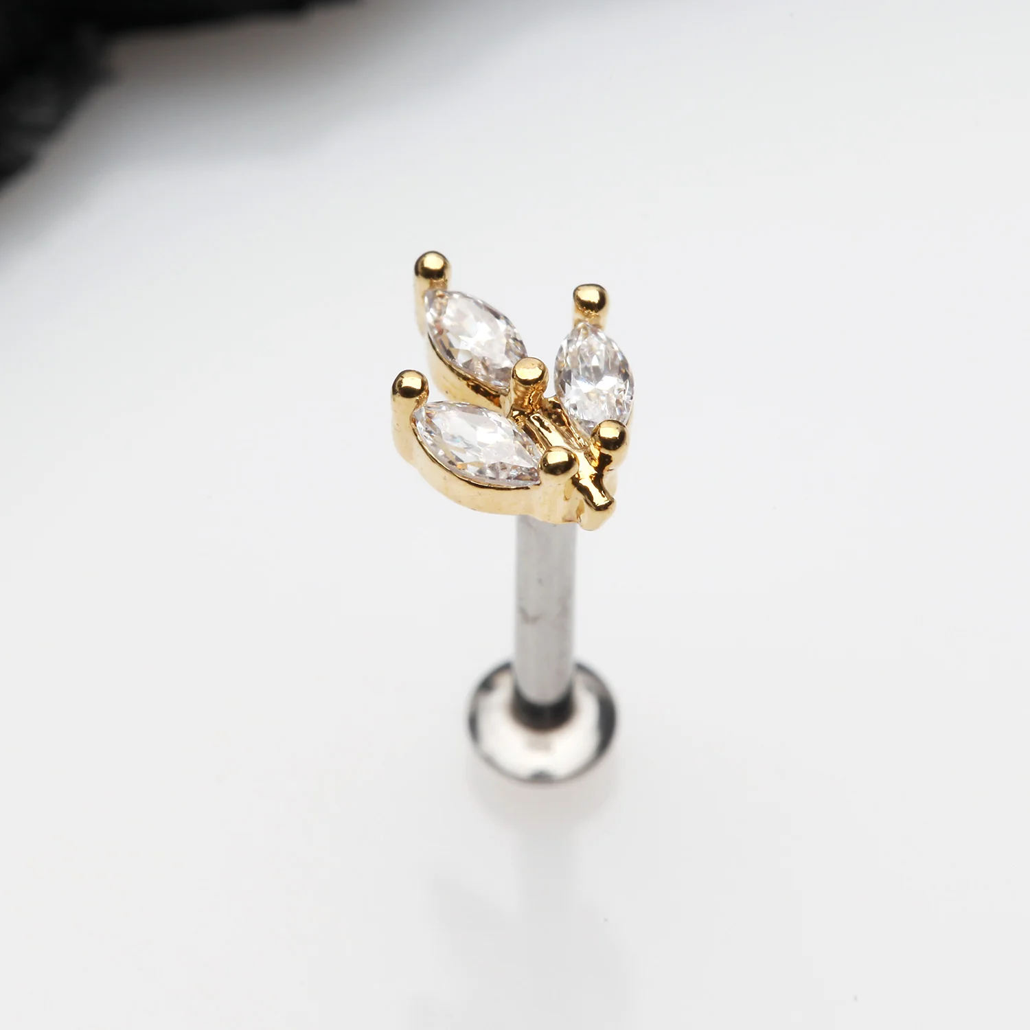 Golden Marquise Sparkle Leaf Top Threadless Push-In Steel Labret - Image 2