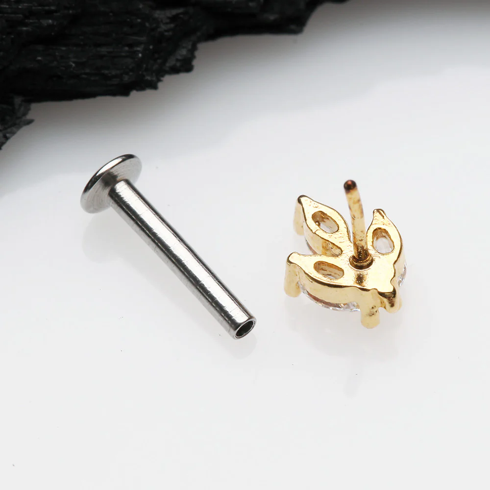 Golden Marquise Sparkle Leaf Top Threadless Push-In Steel Labret - Image 3