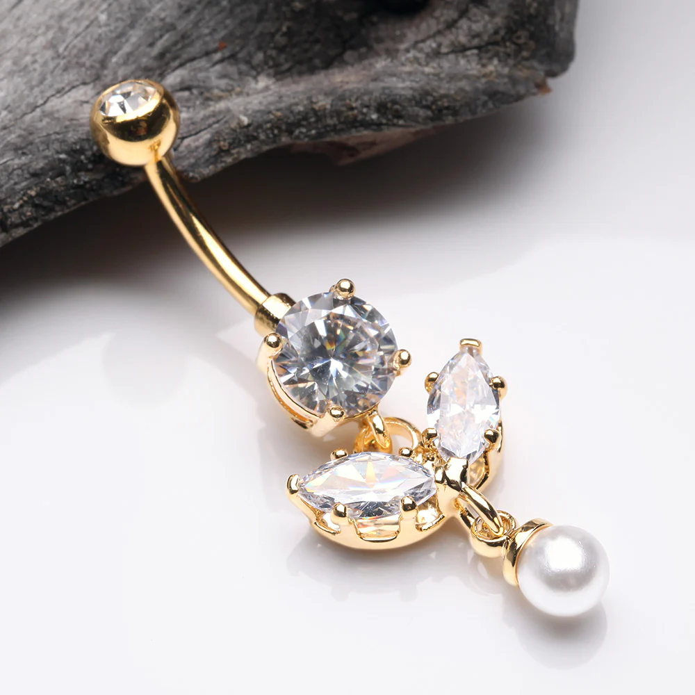 Golden Marquise Sparkle Leaflet Gem Pearlescent Dangle Belly Button Ring - Image 3