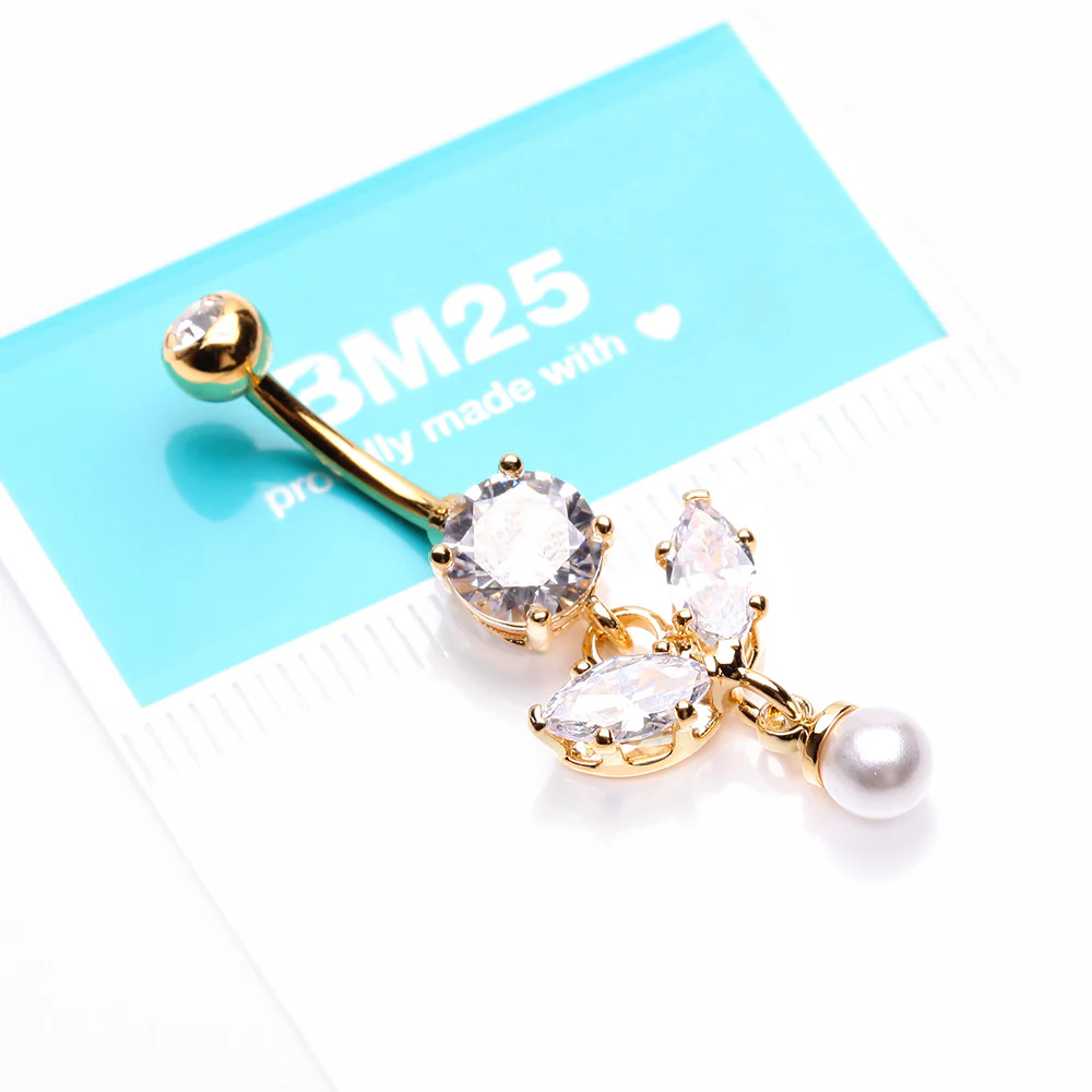 Golden Marquise Sparkle Leaflet Gem Pearlescent Dangle Belly Button Ring - Image 4