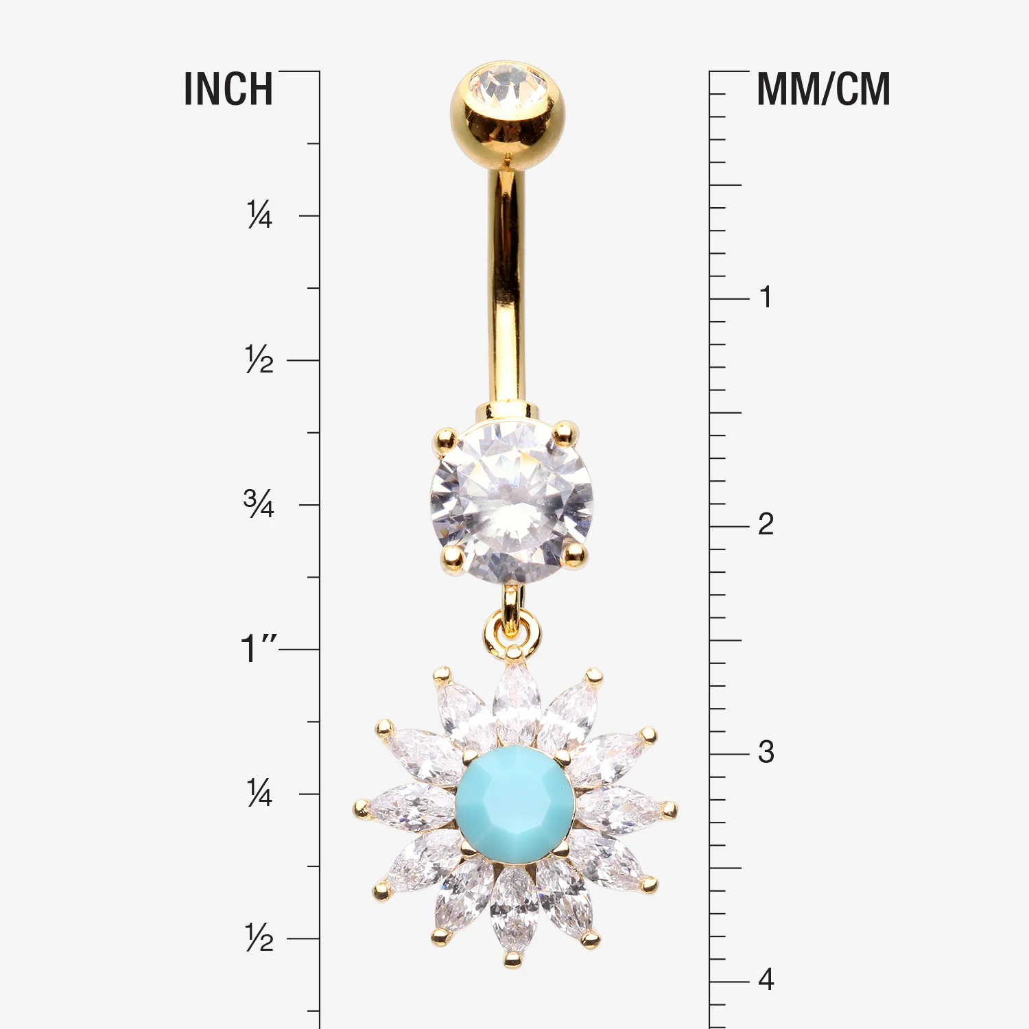 Golden Marquise Sparkle Rays Turquoise Flower Belly Button Ring - Image 2