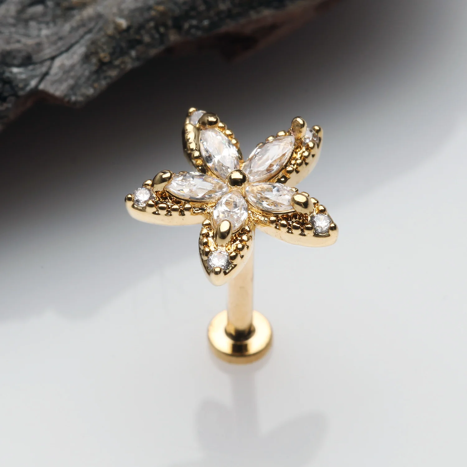 Golden Marquise Sparkle Spring Flower Internally Threaded Labret - Image 2