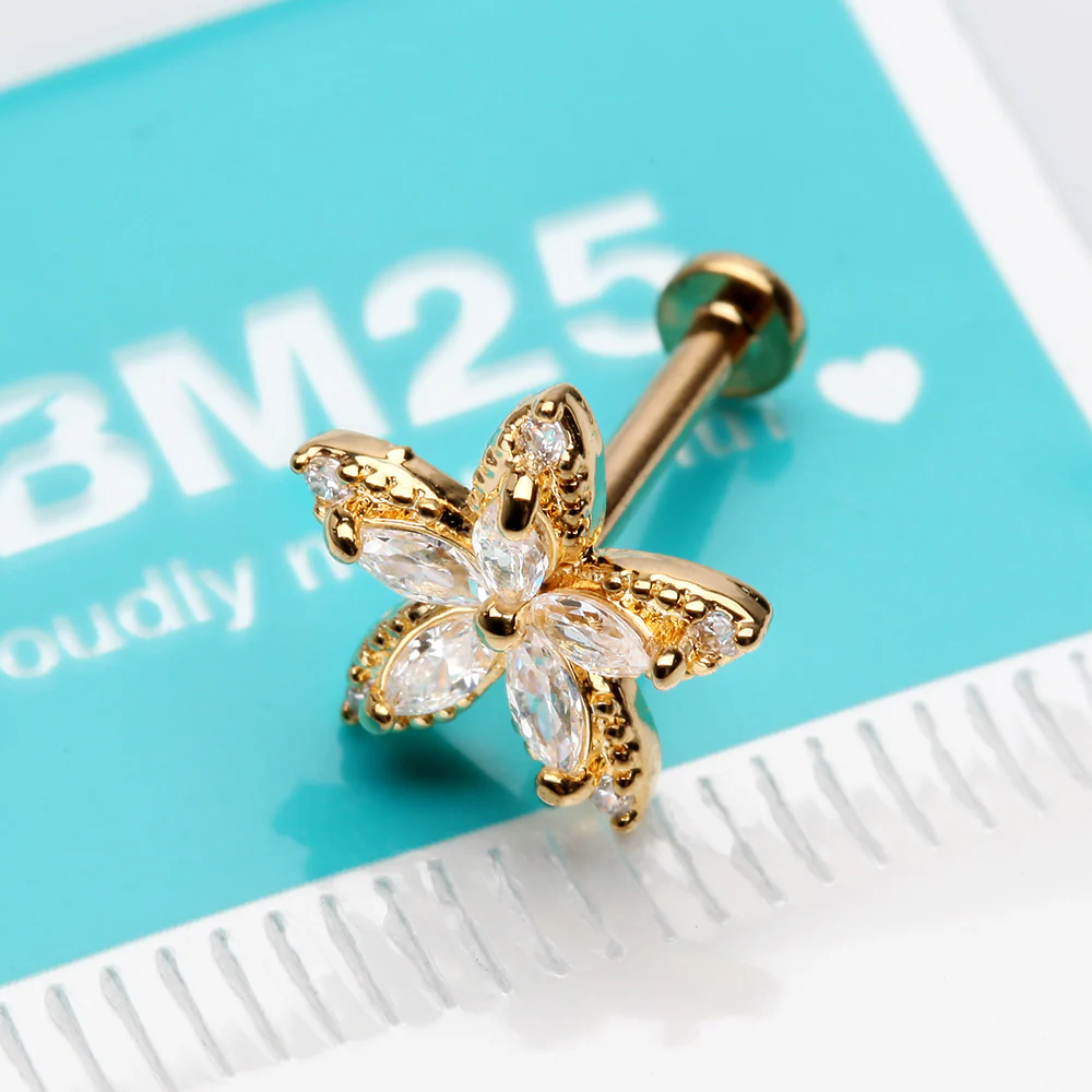 Golden Marquise Sparkle Spring Flower Internally Threaded Labret - Image 3