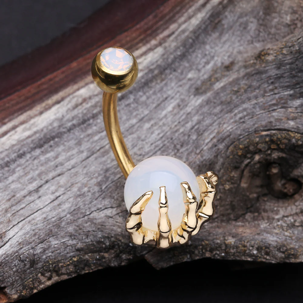 Golden Moonstone Orb Shine Skeleton Hand Belly Button Ring - Image 3