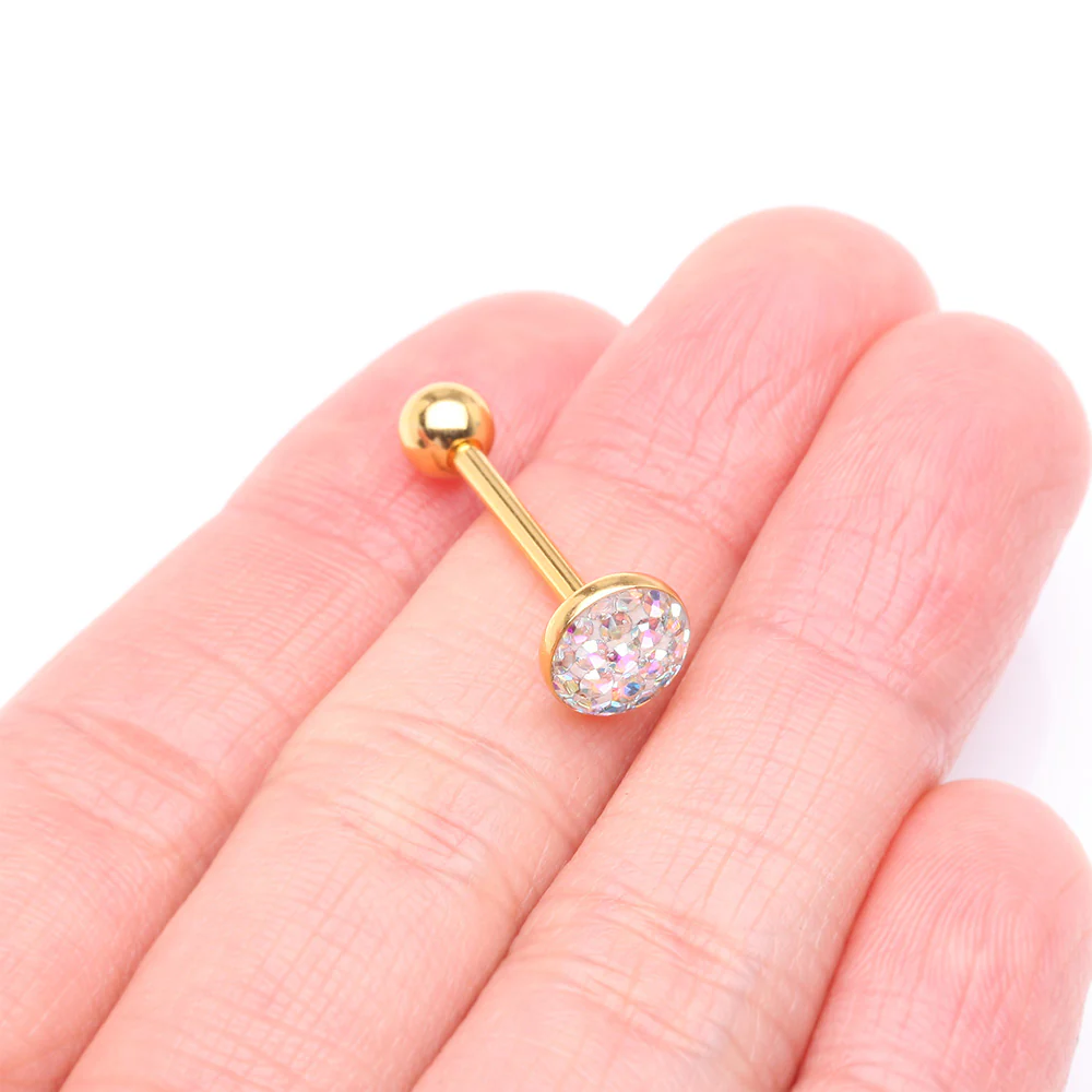 Golden Multi-Gem Sprinkle Dot Sparkle Barbell Tongue Ring - Image 3
