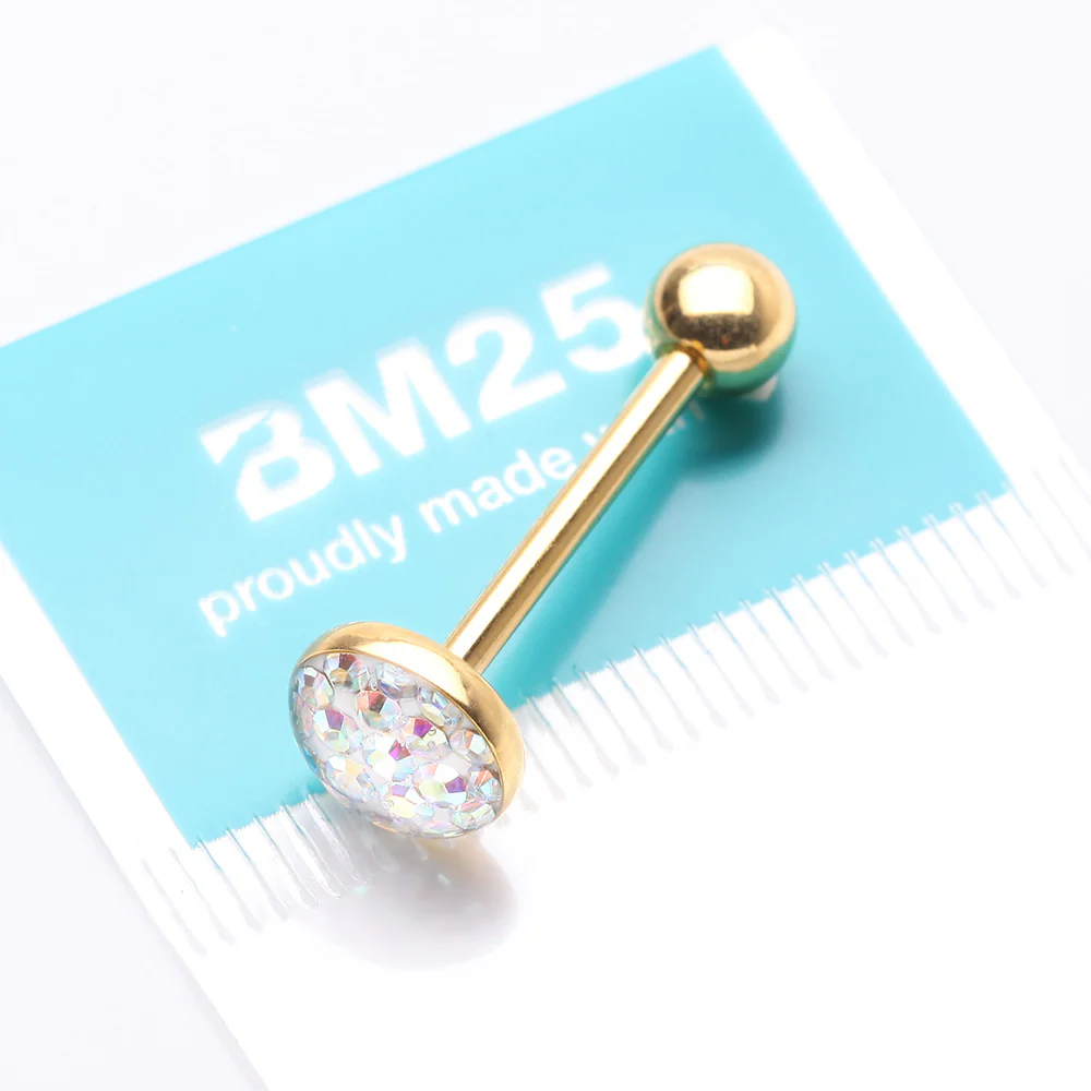 Golden Multi-Gem Sprinkle Dot Sparkle Barbell Tongue Ring - Image 4