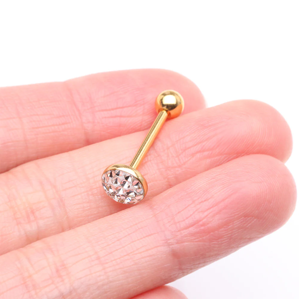 Golden Multi-Gem Sprinkle Dot Sparkle Barbell Tongue Ring - Image 3