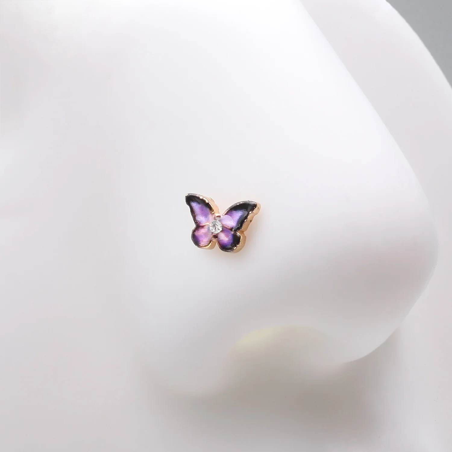 Golden Mystic Purple Butterfly Sparkle L-Shaped Nose Ring - Image 2
