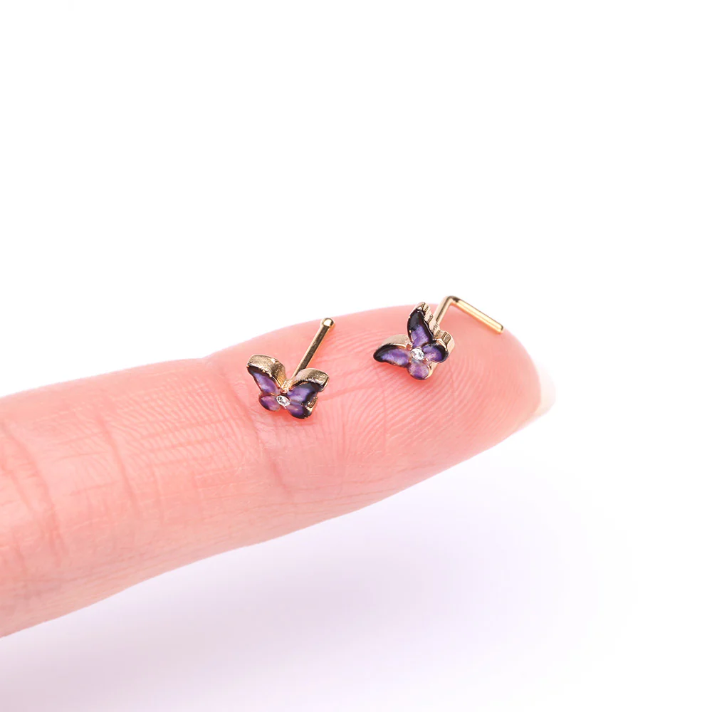 Golden Mystic Purple Butterfly Sparkle L-Shaped Nose Ring - Image 3
