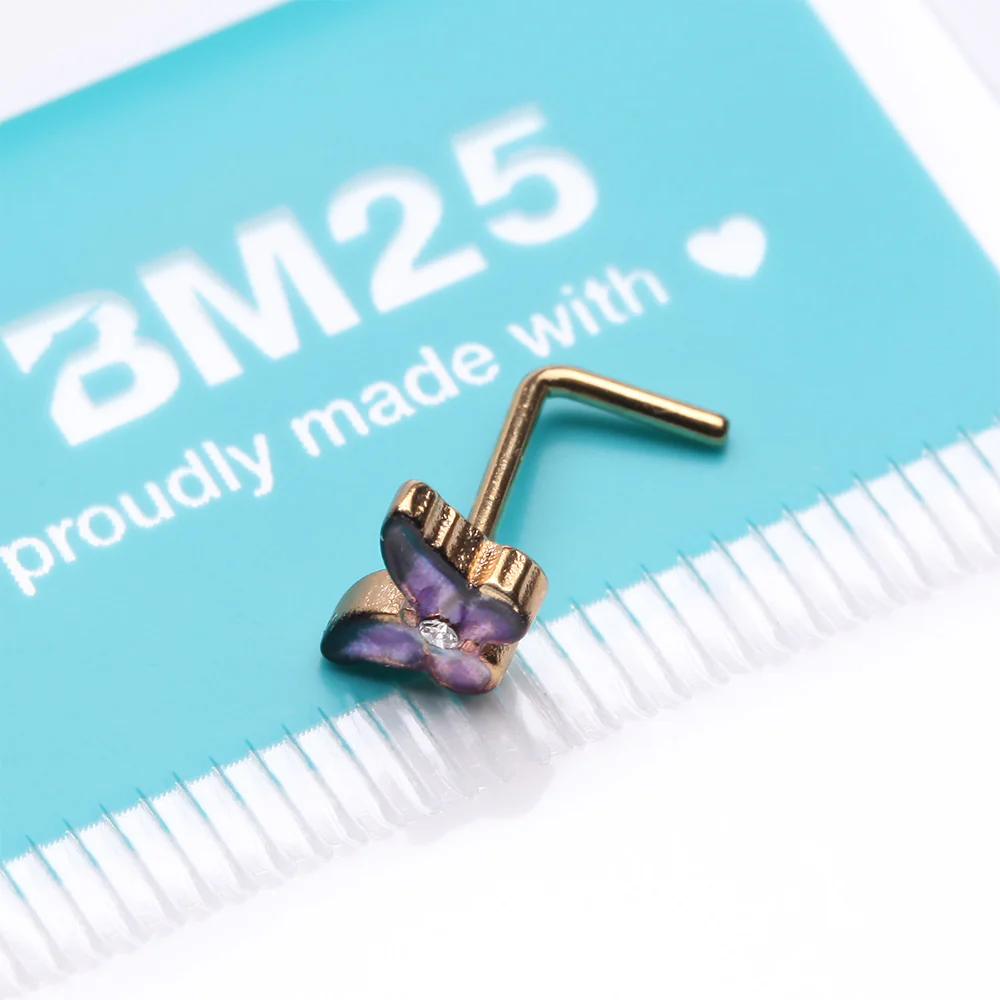 Golden Mystic Purple Butterfly Sparkle L-Shaped Nose Ring - Image 4
