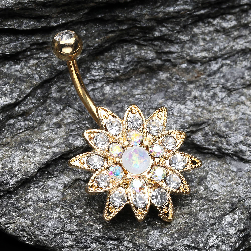 Golden Opal Chrysanthemum Flower Belly Button Ring - Image 3