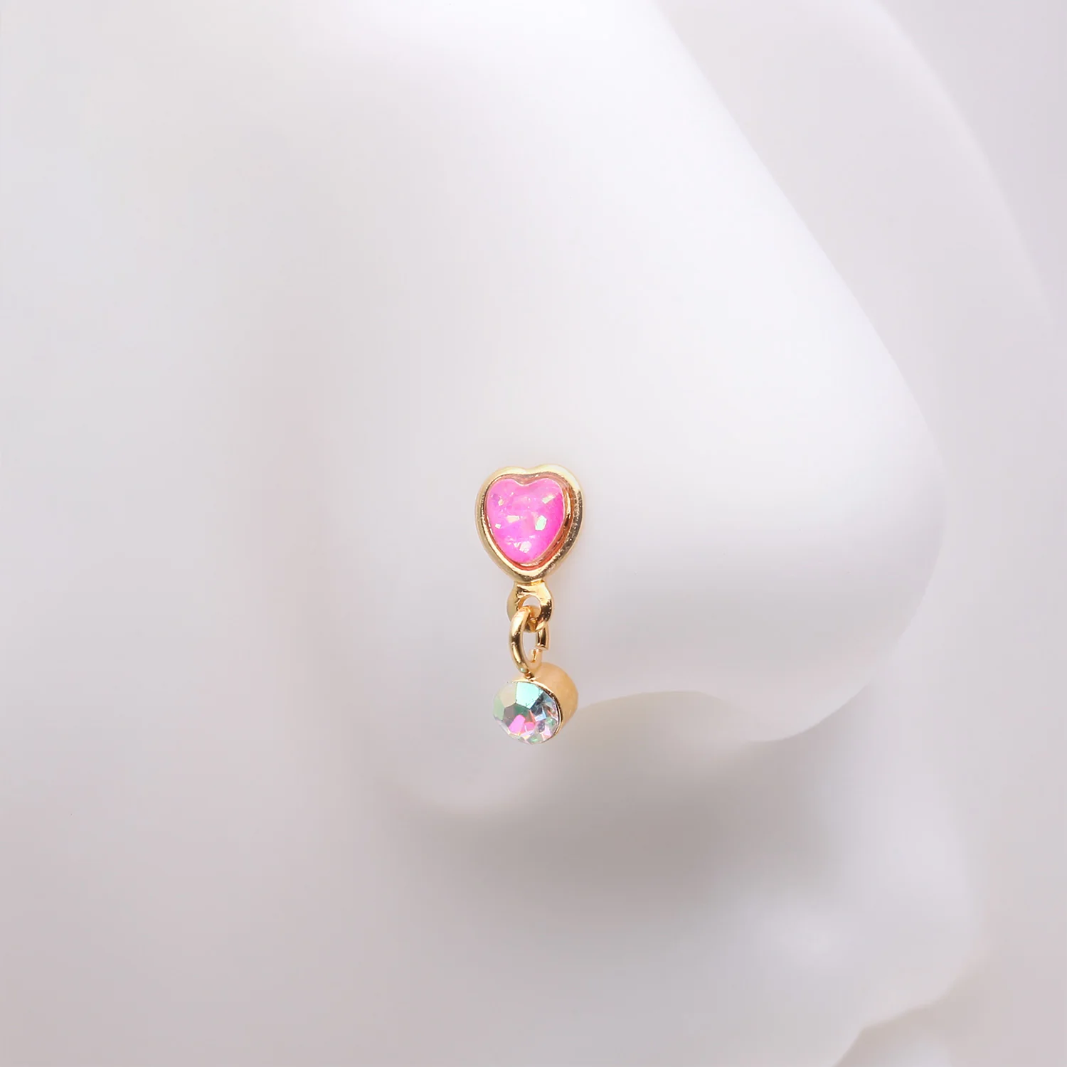 Golden Opalescent Glitter Heart Sparkle Dangle L-Shaped Nose Ring - Image 2