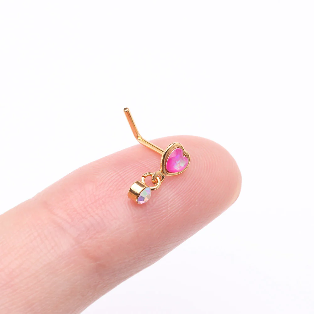 Golden Opalescent Glitter Heart Sparkle Dangle L-Shaped Nose Ring - Image 3
