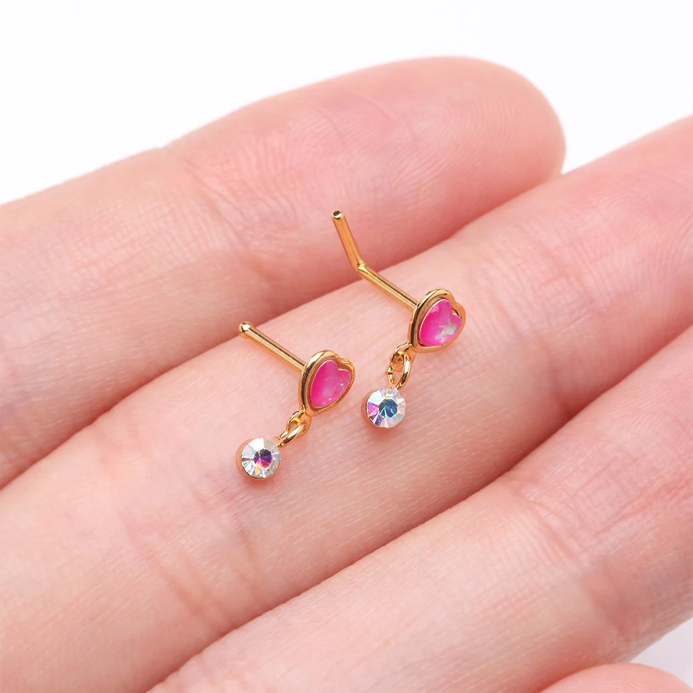 Golden Opalescent Glitter Heart Sparkle Dangle L-Shaped Nose Ring - Image 4