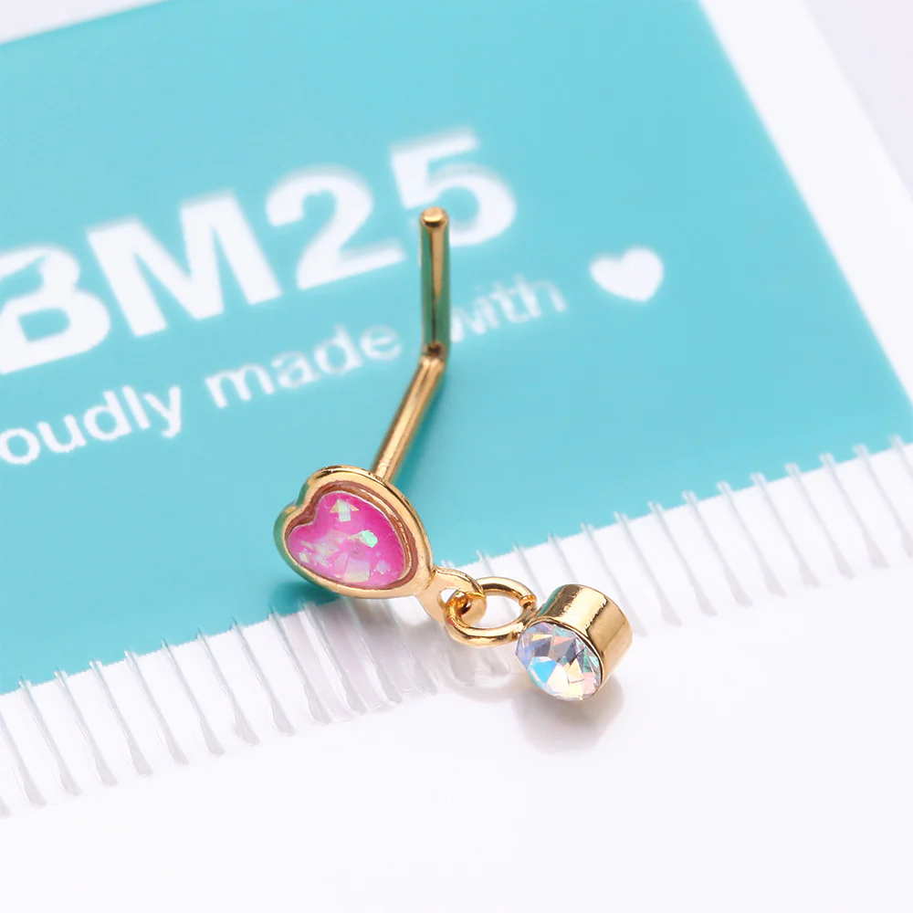 Golden Opalescent Glitter Heart Sparkle Dangle L-Shaped Nose Ring - Image 5