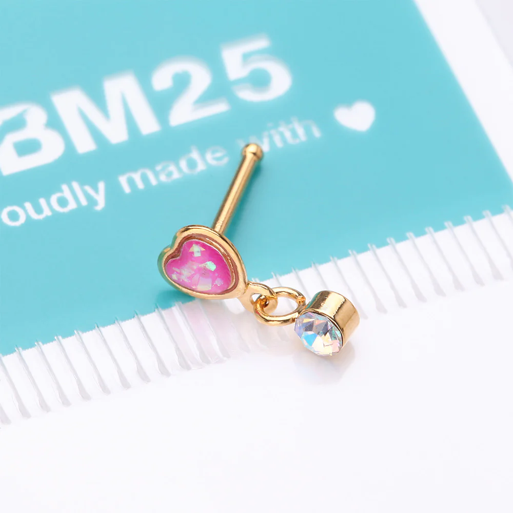 Golden Opalescent Glitter Heart Sparkle Dangle Nose Stud Ring - Image 5