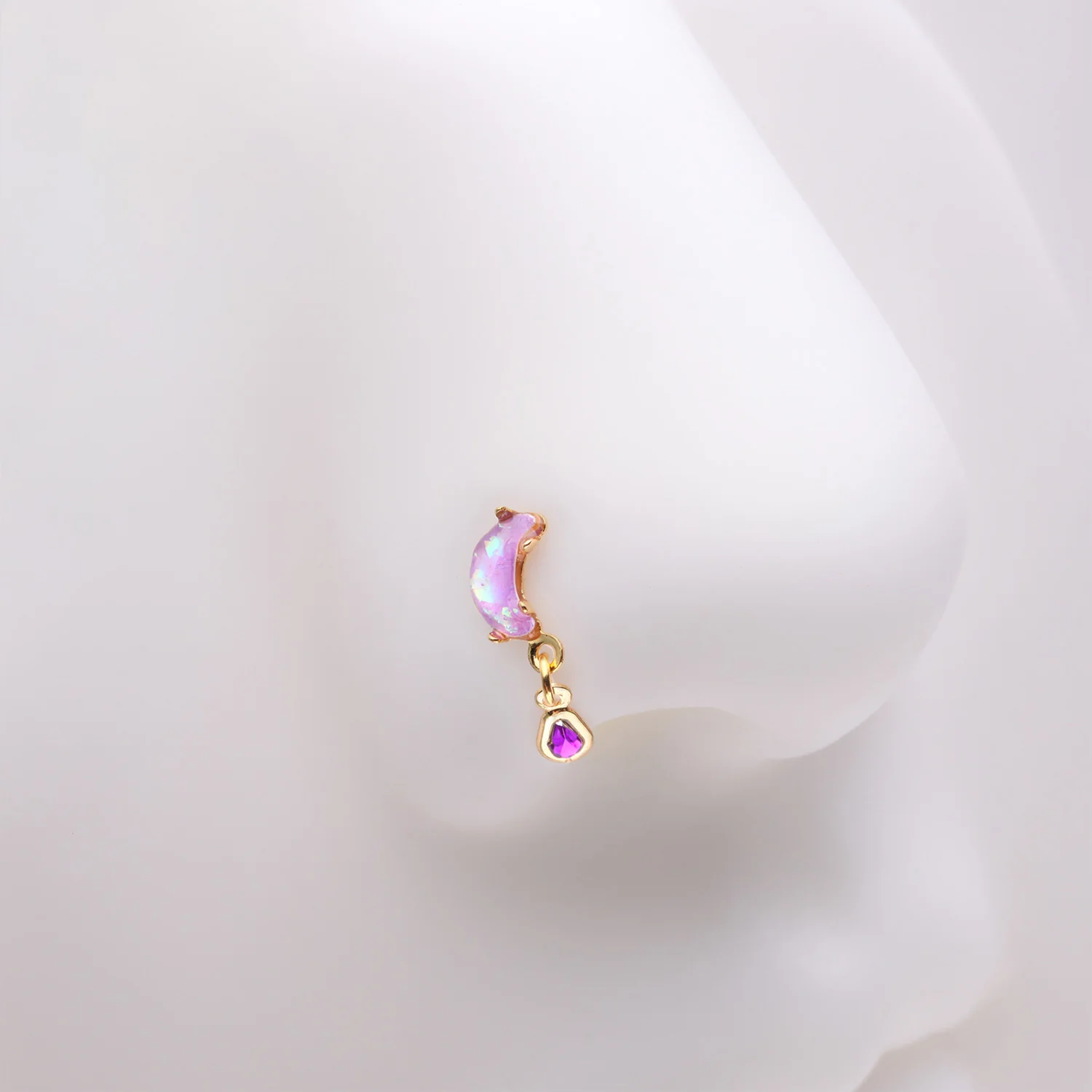 Golden Opalescent Moon Sparkle Teardrop Dangle L-Shaped Nose Ring - Image 2