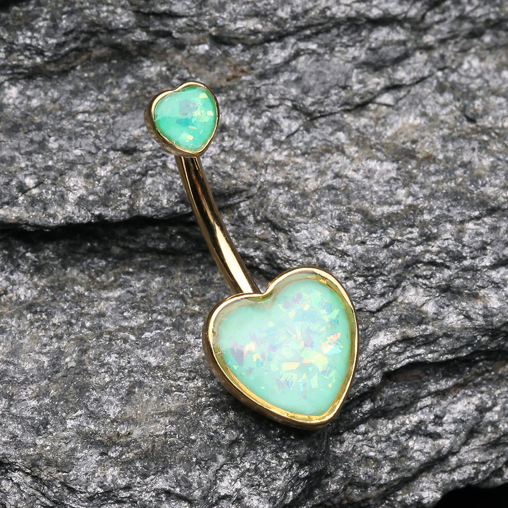 Golden Opalescent Sparkle Heart Belly Button Ring - Image 3
