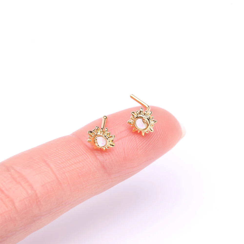 Golden Opalescent Sun and Crescent Moon L-Shaped Nose Ring - Image 3