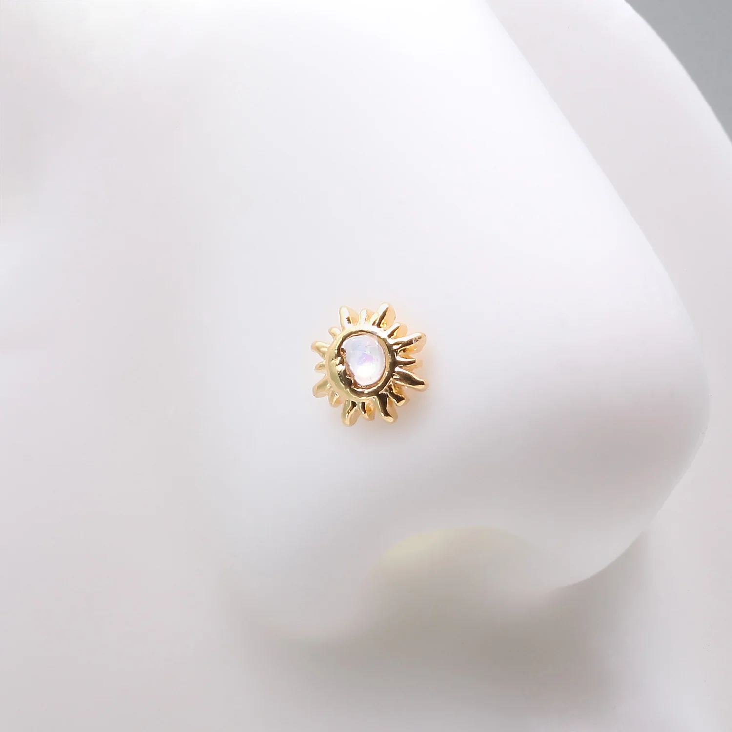 Golden Opalescent Sun and Crescent Moon Nose Stud Ring - Image 2