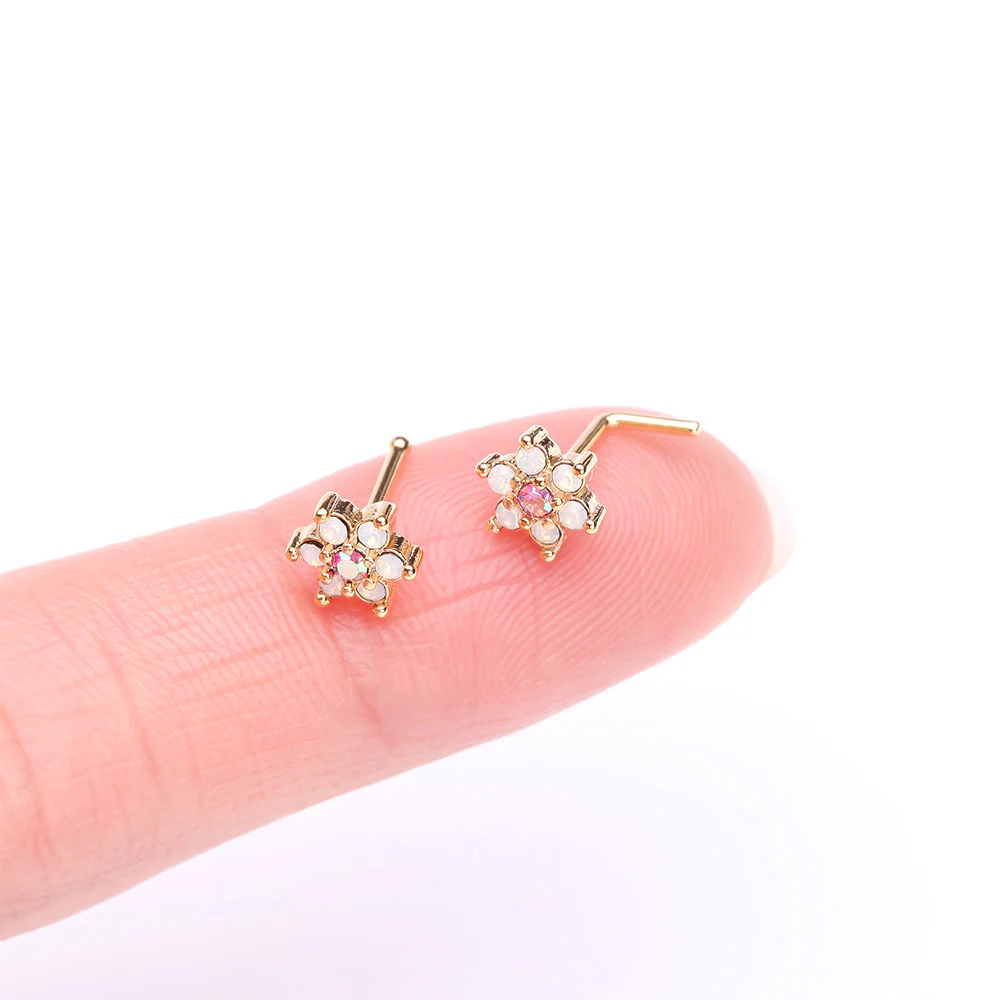 Golden Opalite Rose Spring Flower Sparkle L-Shaped Nose Ring - Image 3