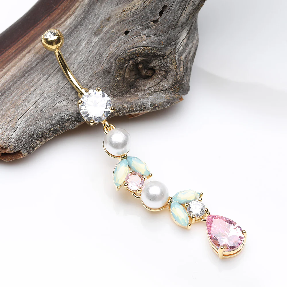 Golden Pastel Lumi Pearlescent Dangle Leaf Drop Belly Button Ring - Image 3