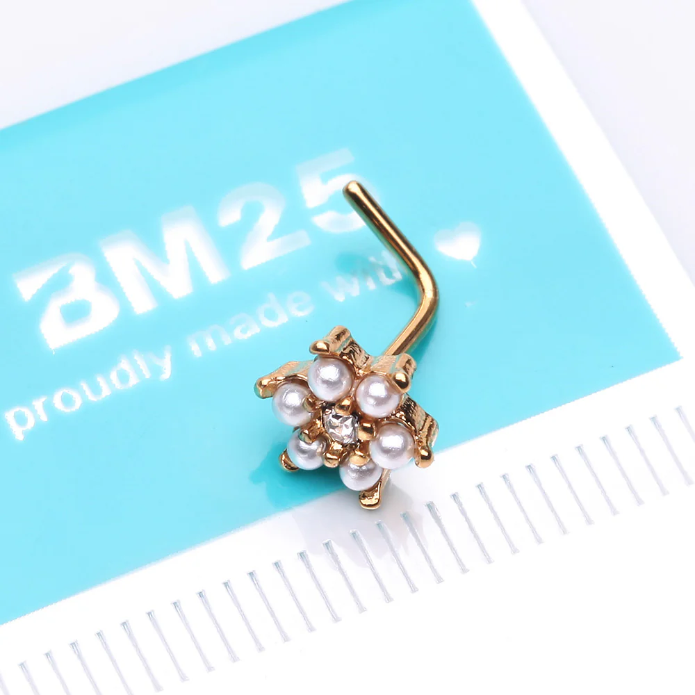 Golden Pearlescent Spring Flower Sparkle L-Shaped Nose Ring - Image 3