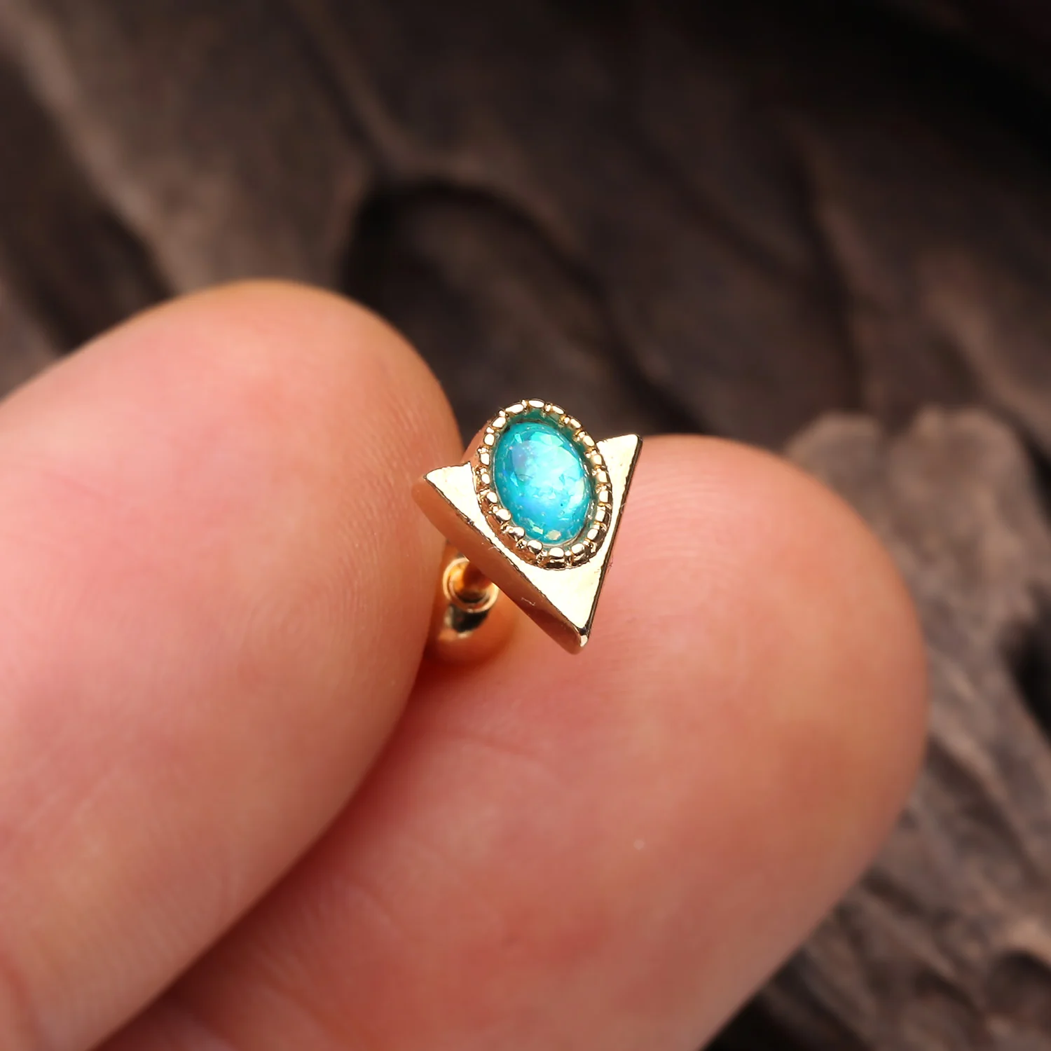 Golden Pharaoh Triangle Opal Sparkle Cartilage Tragus Earring - Image 2