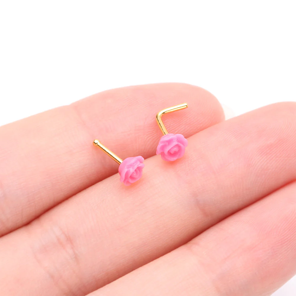 Golden Pink Blossom Rose L-Shaped Nose Ring - Image 4