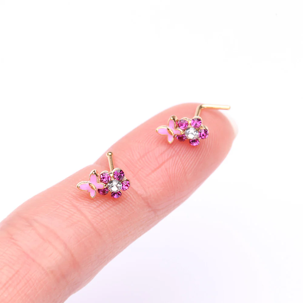 Golden Pink Butterfly Flower Sparkle Nose Stud Ring - Image 3