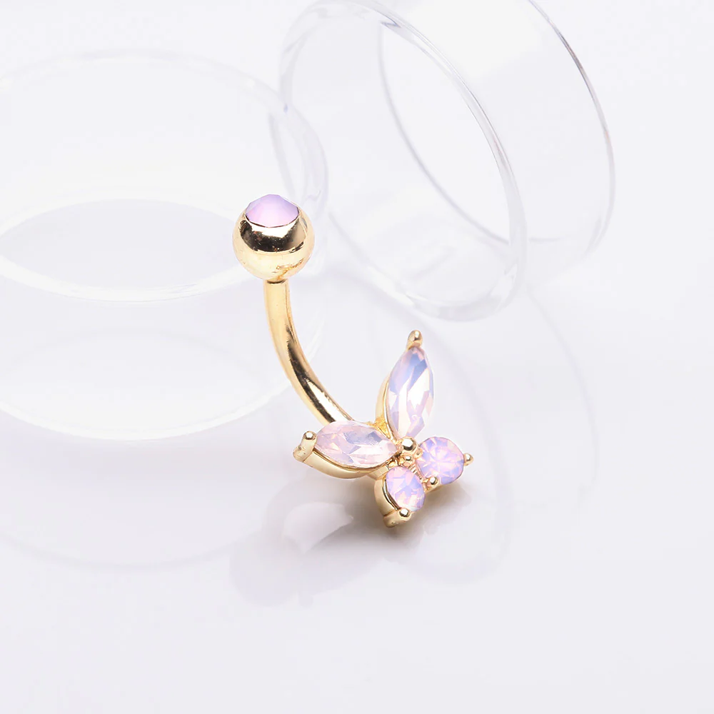Golden Pink Opalite Sparkle Butterfly Belly Button Ring - Image 3