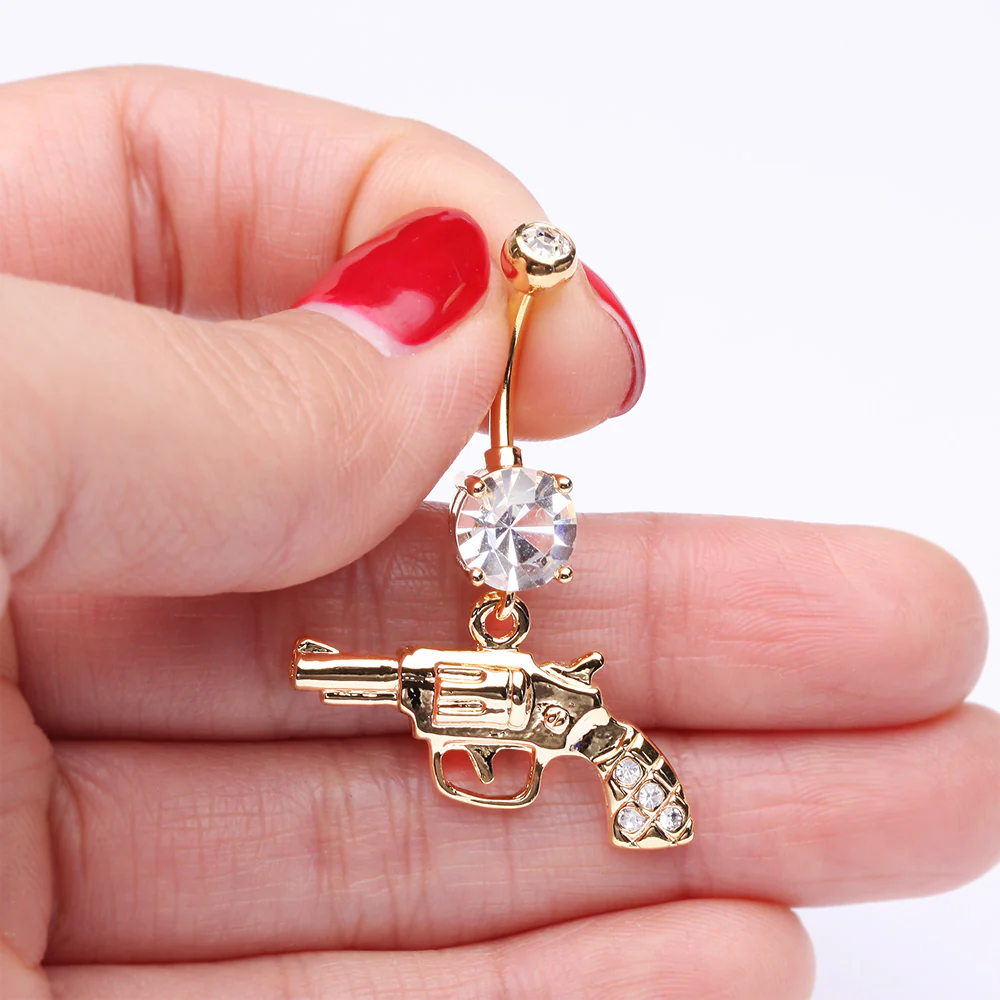 Golden Pistol Gun Sparkle Belly Button Ring - Image 4