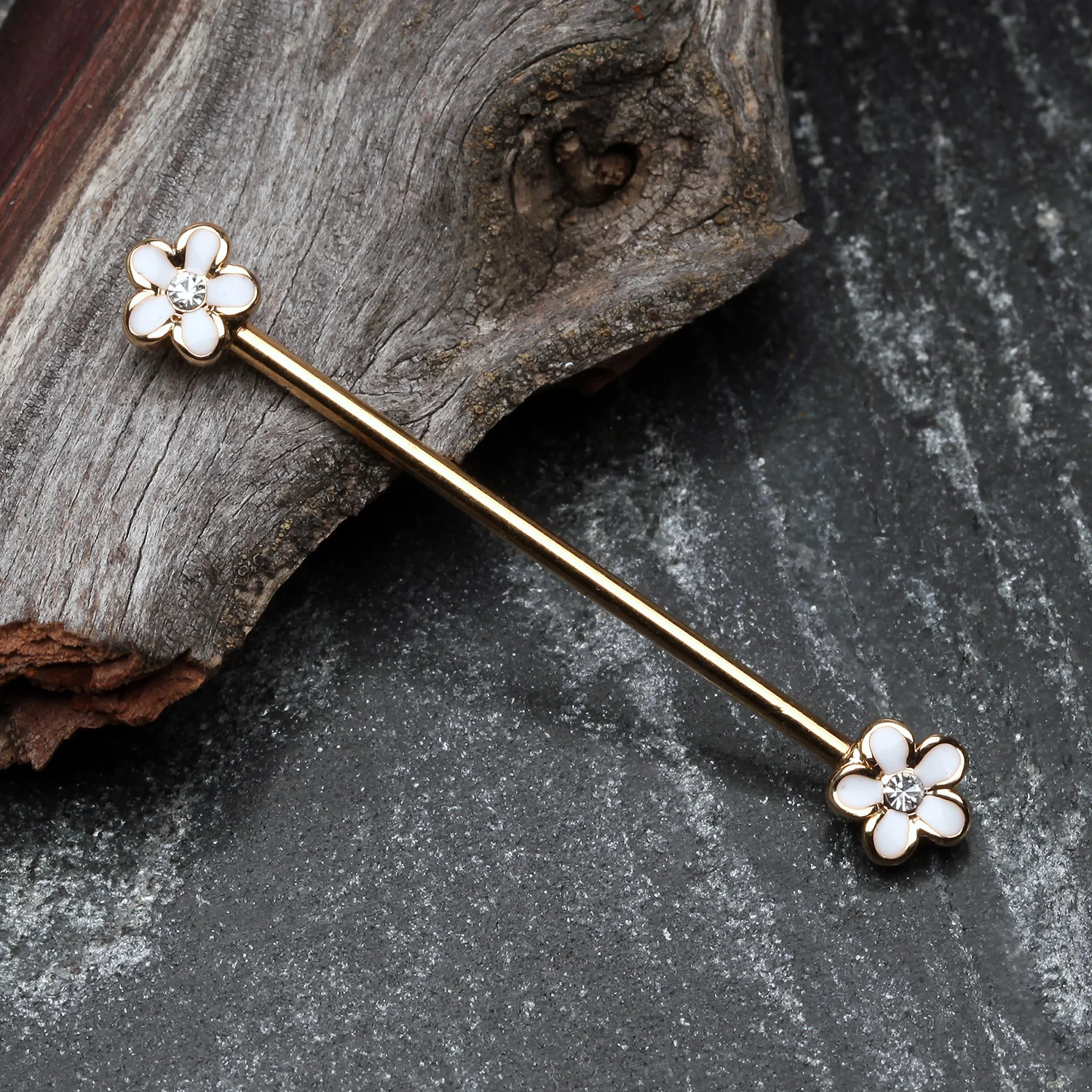 Golden Plumeria Flower Sparkle Industrial Barbell - Image 2