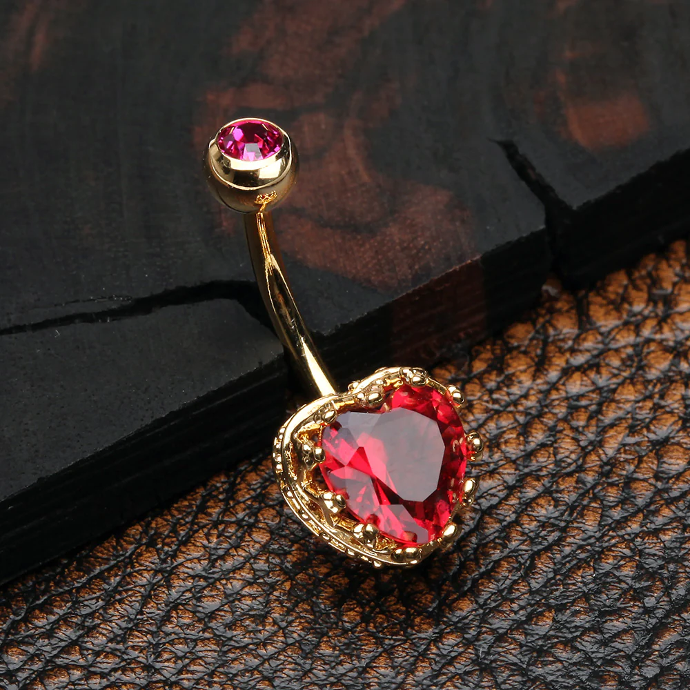 Golden Princess Crown Prong Heart Sparkle Belly Button Ring - Image 3