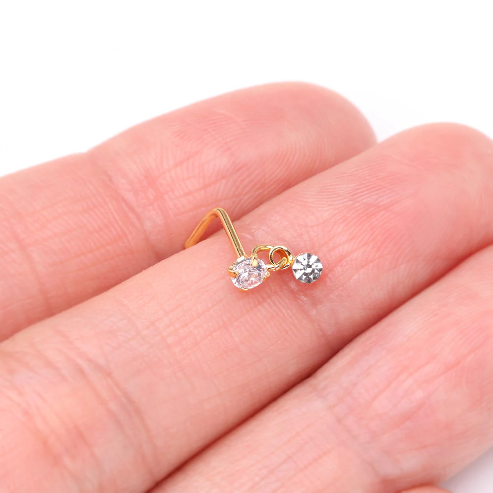 Golden Prong Gem Sparkle Dangle L-Shaped Nose Ring - Image 3