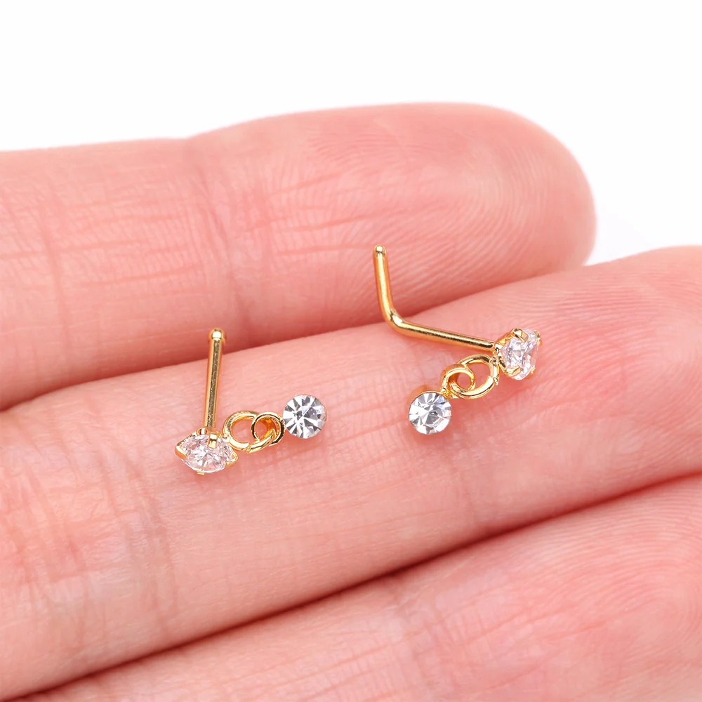 Golden Prong Gem Sparkle Dangle L-Shaped Nose Ring - Image 4