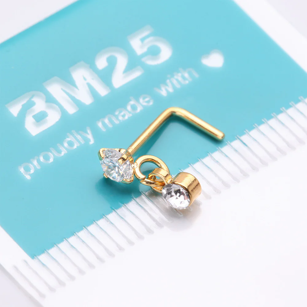 Golden Prong Gem Sparkle Dangle L-Shaped Nose Ring - Image 5