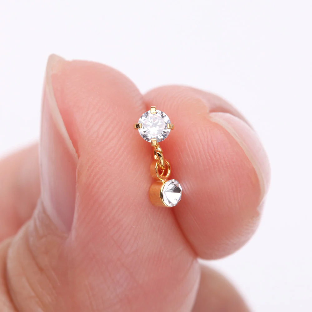 Golden Prong Gem Sparkle Dangle Nose Stud Ring - Image 3
