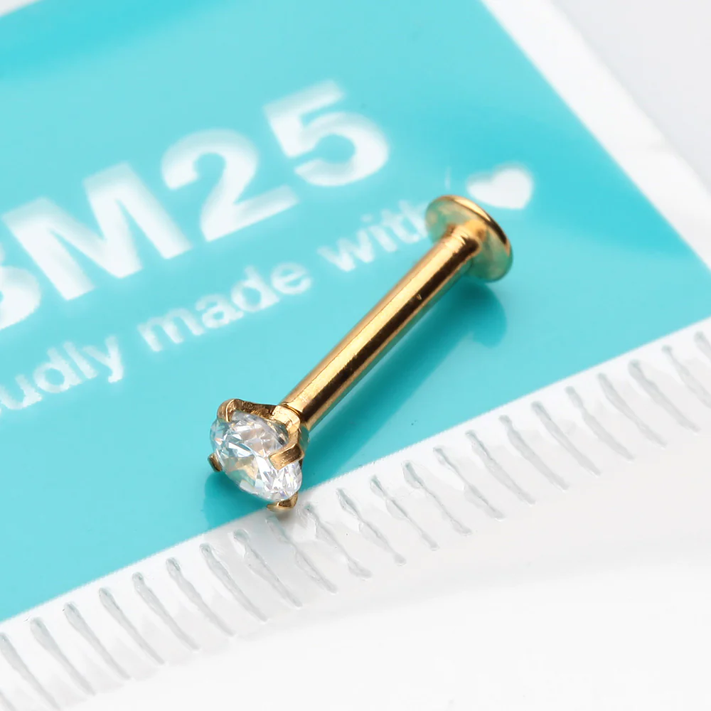 Golden Prong Set Gem Top Threadless Push-In Steel Labret - Image 4
