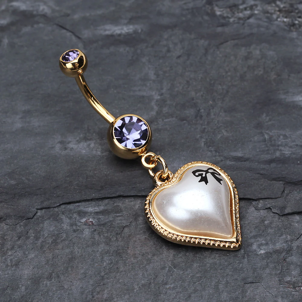 Golden Puffed Pearl Heart Ribbon Belly Ring - Image 3