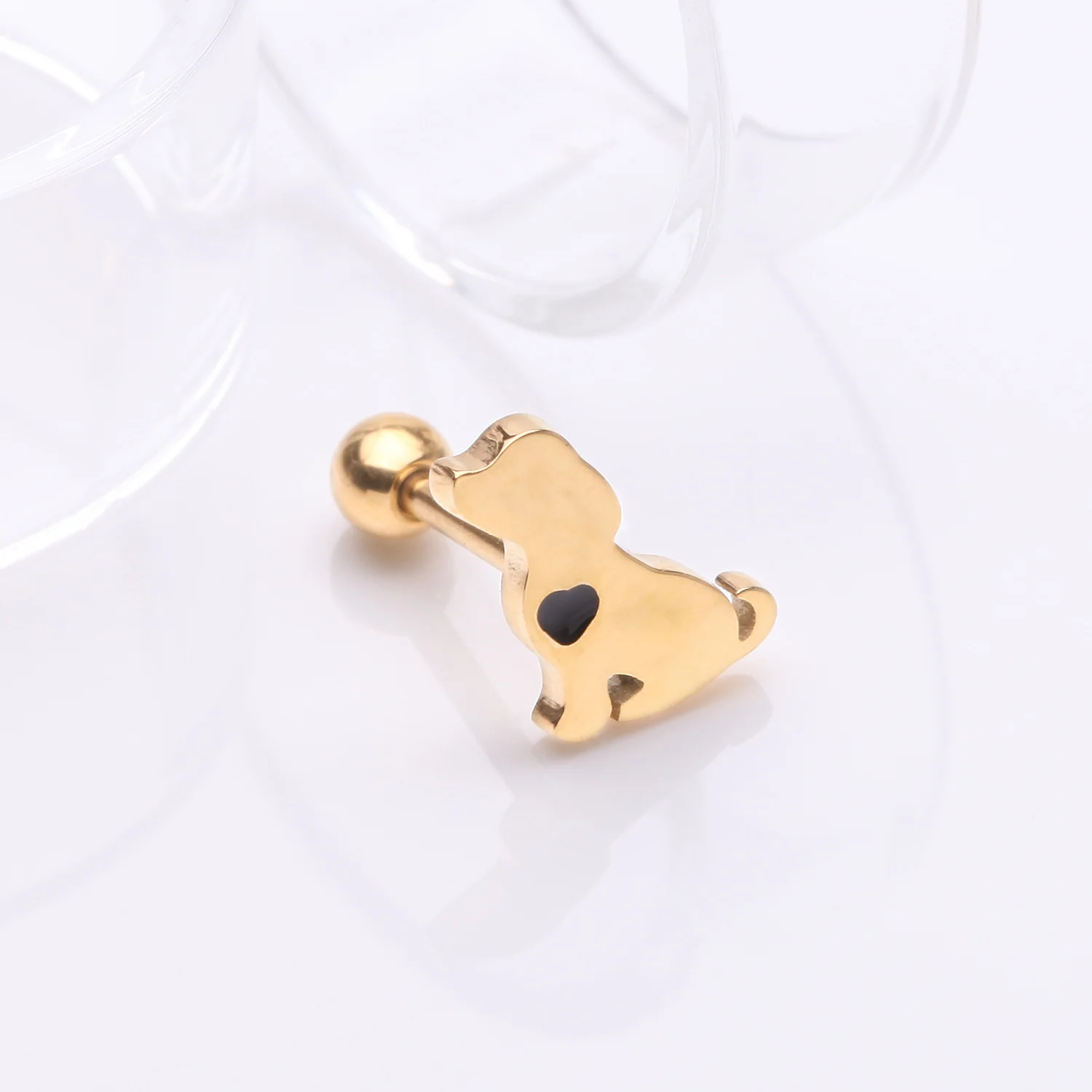 Golden Puppy Dog with Black Heart Accent Cartilage Tragus Barbell Stud - Image 2