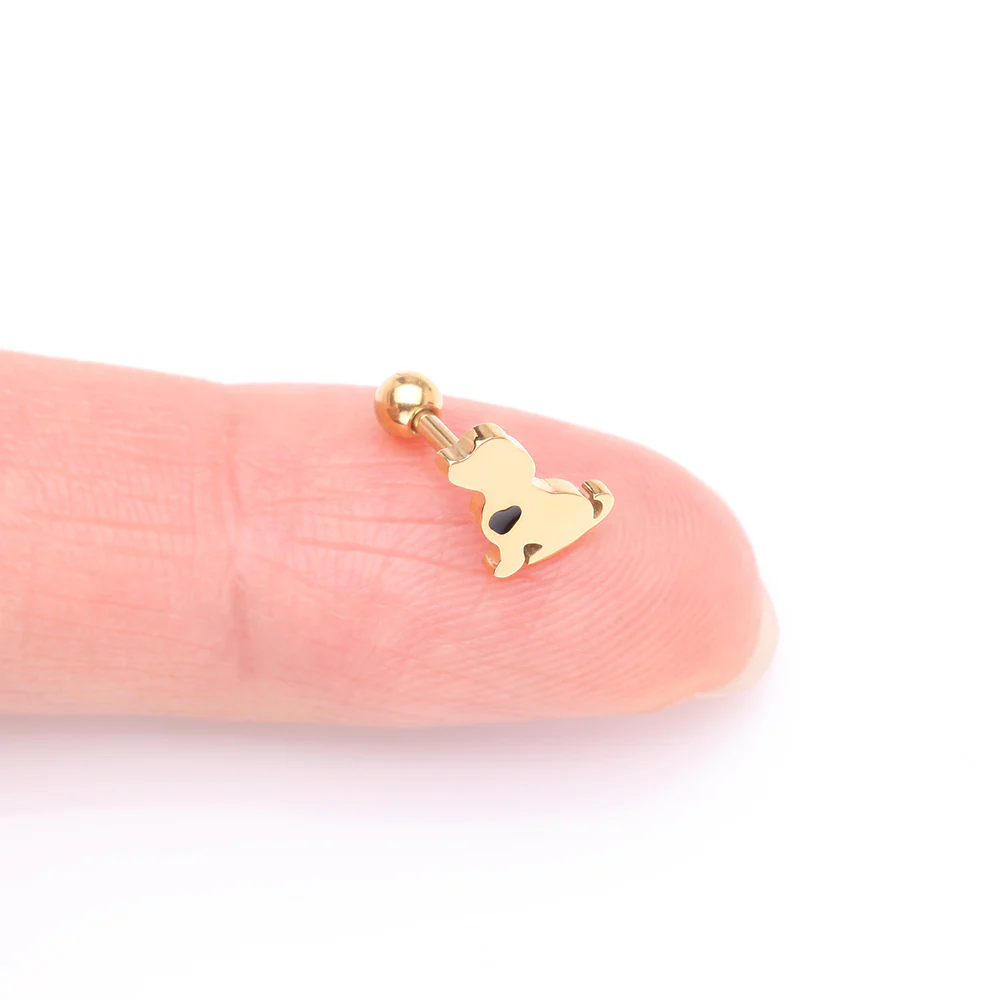 Golden Puppy Dog with Black Heart Accent Cartilage Tragus Barbell Stud - Image 3