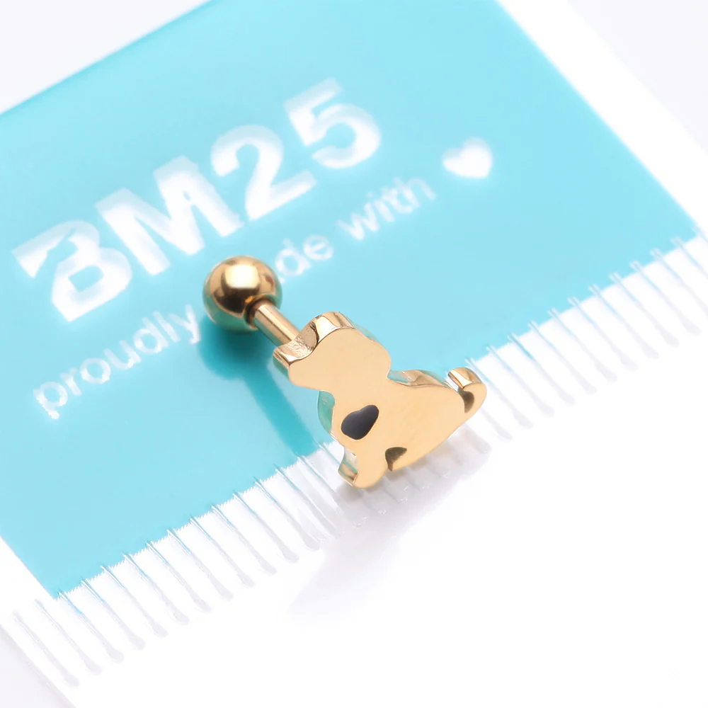 Golden Puppy Dog with Black Heart Accent Cartilage Tragus Barbell Stud - Image 5