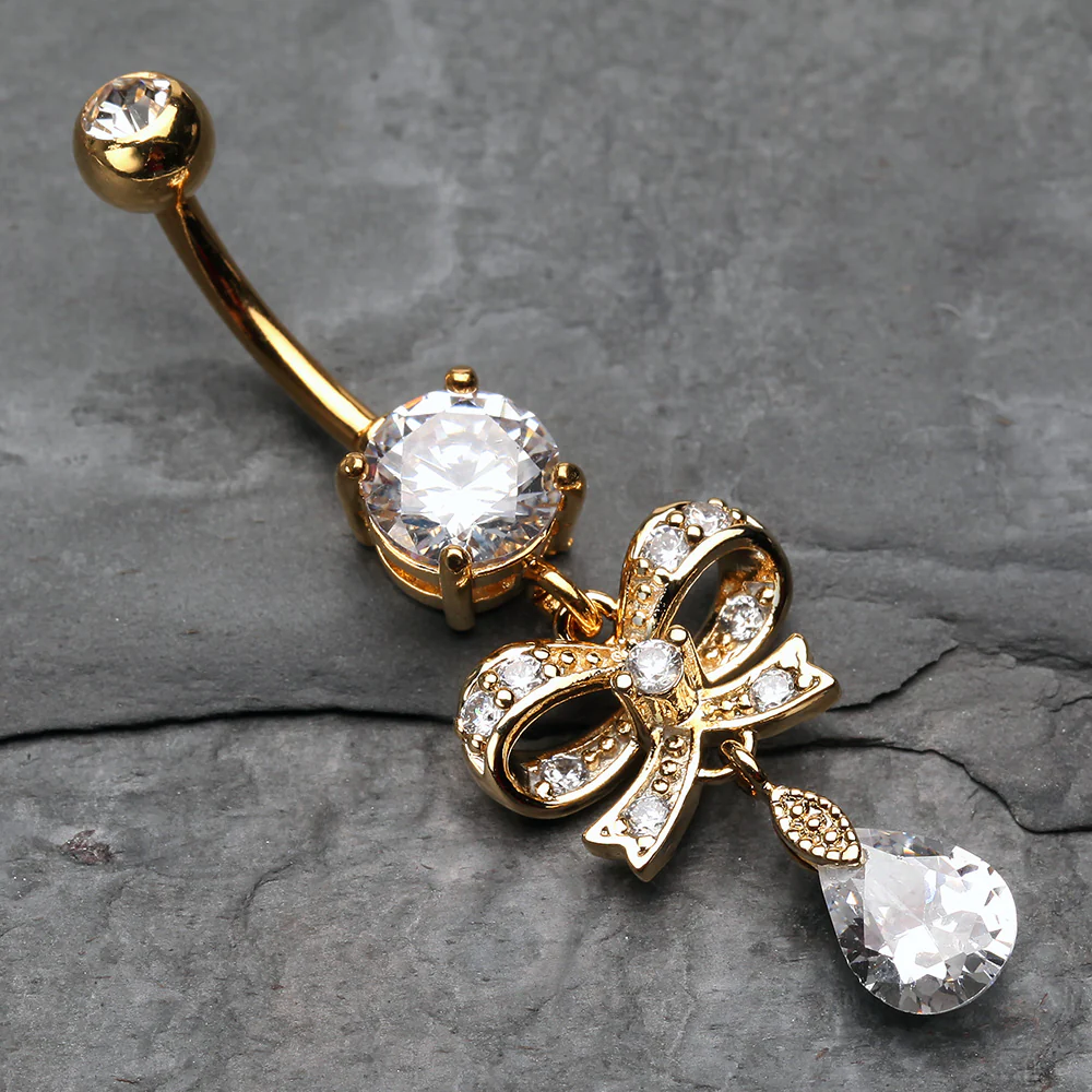 Golden Romantic Gem Bow-Tie Belly Button Ring - Image 3