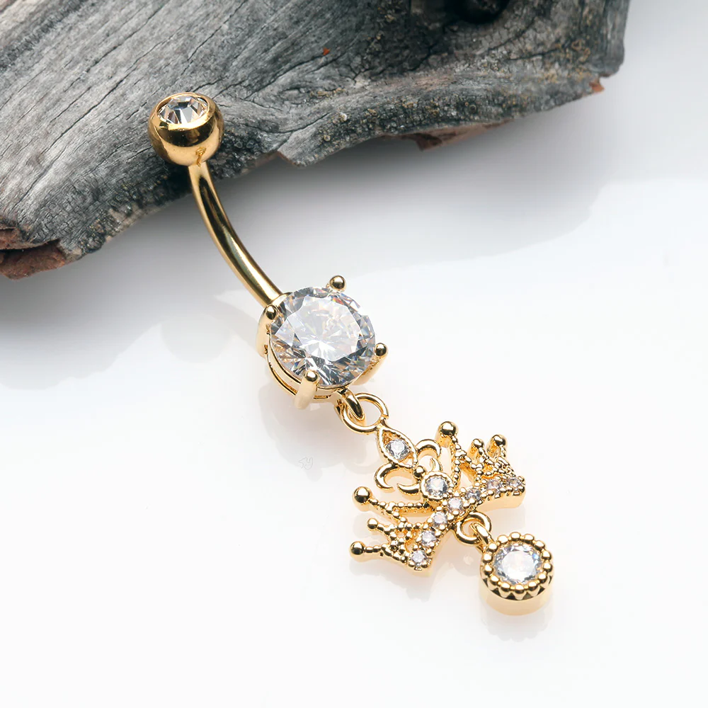 Golden Royal Princess Crown Sparkle Belly Button Ring - Image 3