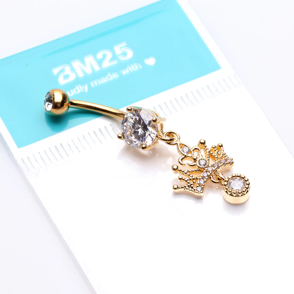 Golden Royal Princess Crown Sparkle Belly Button Ring - Image 4